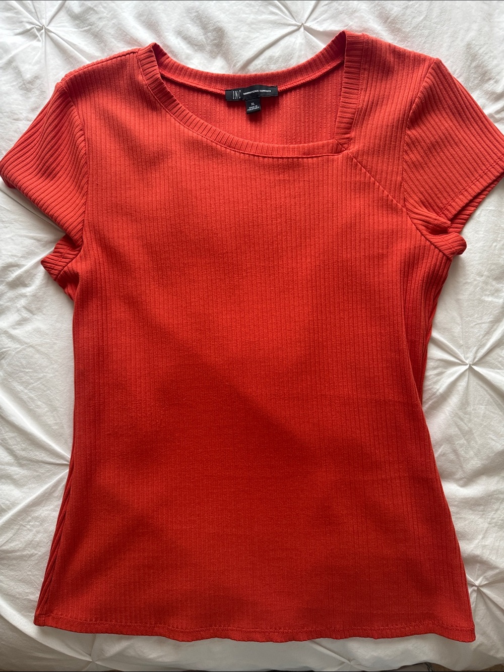 INC International Concepts Orange-Red Ribbed Short Sleeve Top